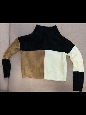 SHEIN Colorblock Ribbed Turtleneck Sweater - Black, Brown & Cream